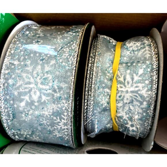Lot of 8 Blue & Silver Decorative Holiday Ribbons Snowflake Foil Wired New Used - Picture 9 of 14